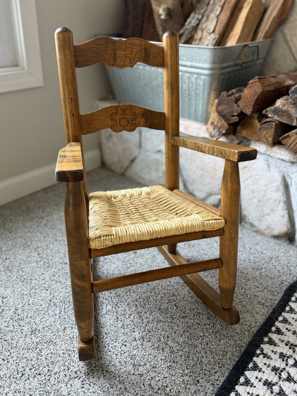 Darling Vintage Wooden Children’s Rocking Chair with Woven Seat